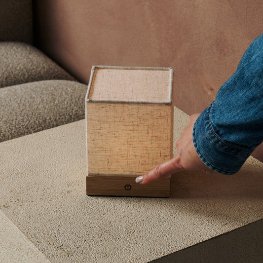 Zano lichtbruine draadloze lamp met hout en linnen - stemmingsverlichting, LED -tafellamp met batterij