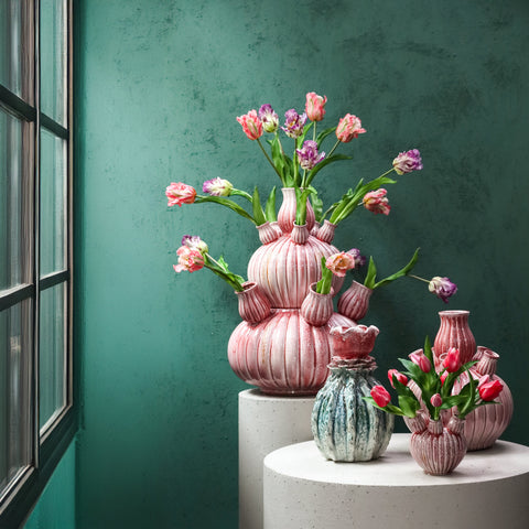 Vaas Nolou Roze Keramiek Tulp Geribbeld Rond L PTMD