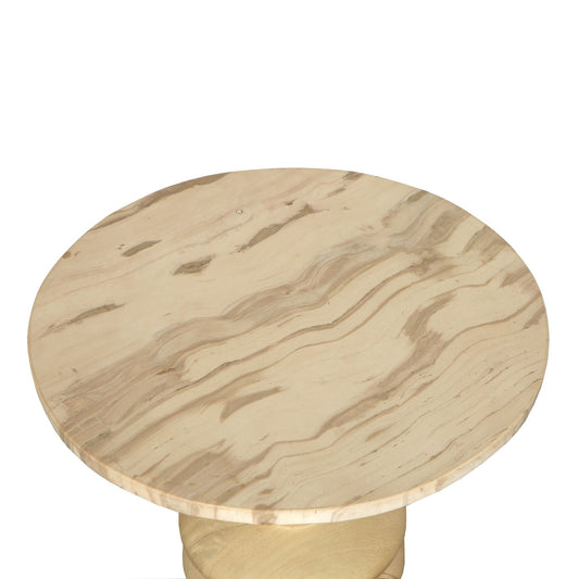 Llamada Mesa auxiliar de madera de mango natural con tapa de mármol redonda.