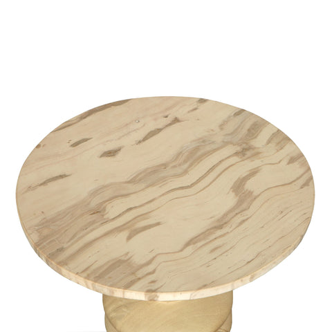 Llamada Mesa auxiliar de madera de mango natural con tapa de mármol redonda.