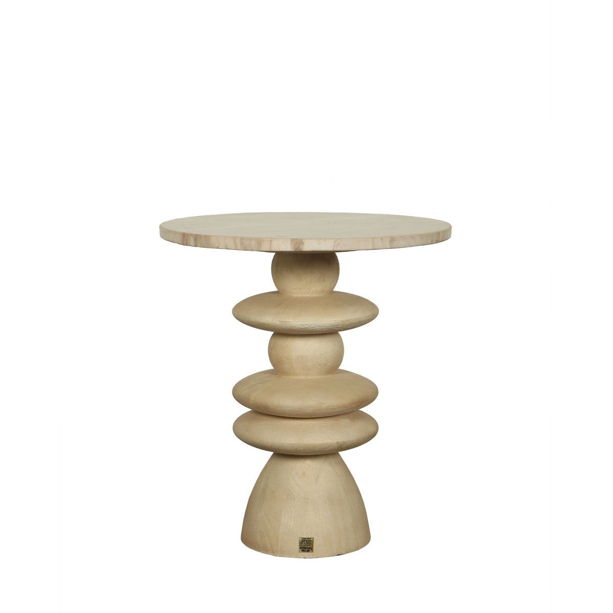 Llamada Mesa auxiliar de madera de mango natural con tapa de mármol redonda.