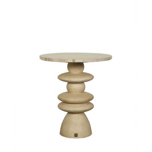 Llamada Mesa auxiliar de madera de mango natural con tapa de mármol redonda.