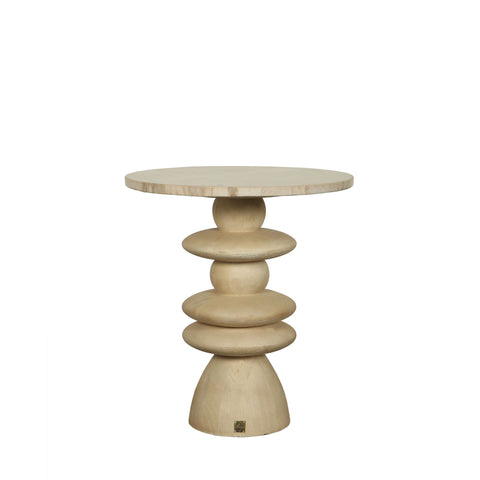 Llamada Mesa auxiliar de madera de mango natural con tapa de mármol redonda.