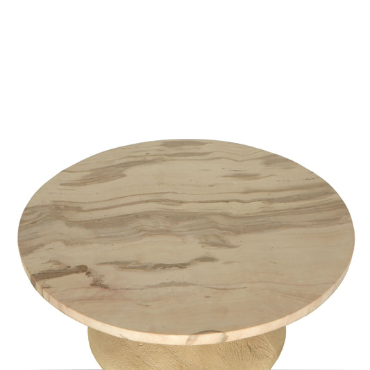 Llamada Mesa lateral de madera de mango natural Callain con tapa de mármol redonda.