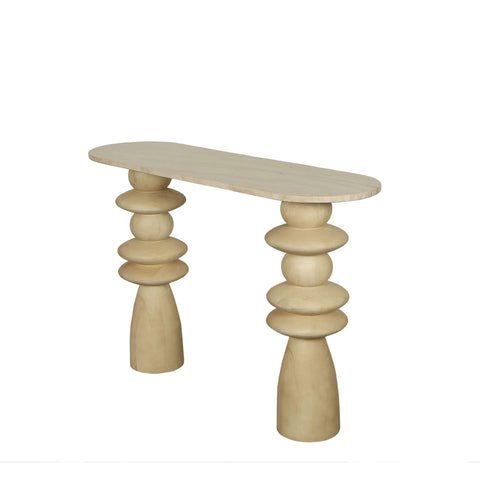 Llamada Mesa lateral de madera de mango natural con forma ovalada de mármol.