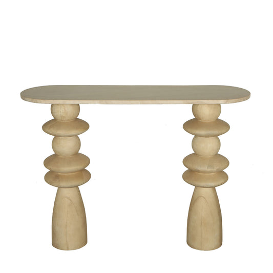 Llamada Mesa lateral de madera de mango natural con forma ovalada de mármol.