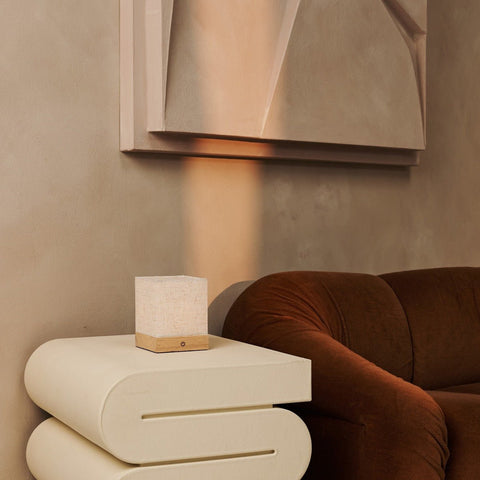 Zano lichtbruine draadloze lamp met hout en linnen - stemmingsverlichting, LED -tafellamp met batterij