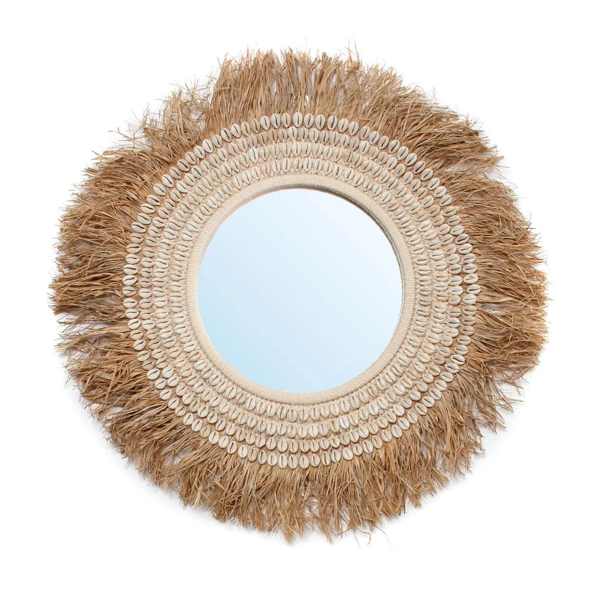 Le miroir de coquillage de vache en raphia - blanc naturel