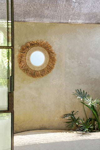 Le miroir de coquillage de vache en raphia - blanc naturel