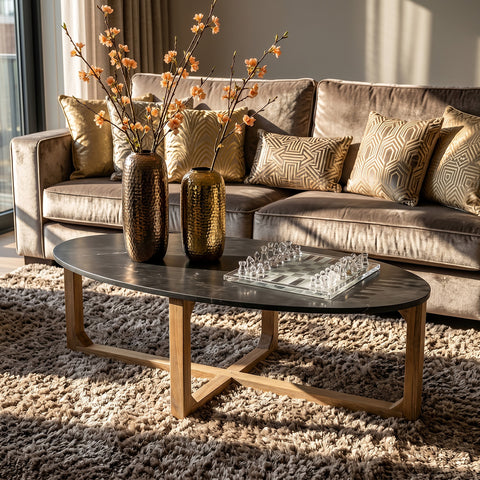 Salontafel Ovaal Marmer Zwart Mangohout 120 cm Raw Materials
