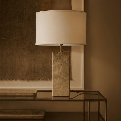 Rosie travertijnlamp – elegante natuursteen met katoenen kap