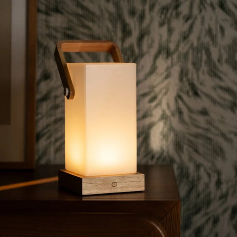 Harper lichtbruine houten lamp – draadloze oplaadbare tafellamp met handvat