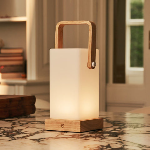 Harper lichtbruine houten lamp – draadloze oplaadbare tafellamp met handvat