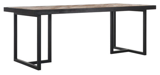 Mesa de comedor rectangular con patas en forma de cruz.