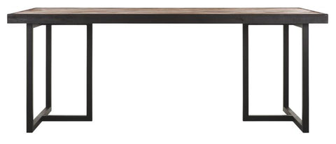 Mesa de comedor rectangular con patas en forma de cruz.