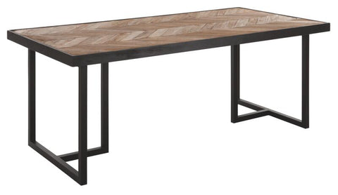 Mesa de comedor rectangular con patas en forma de cruz.