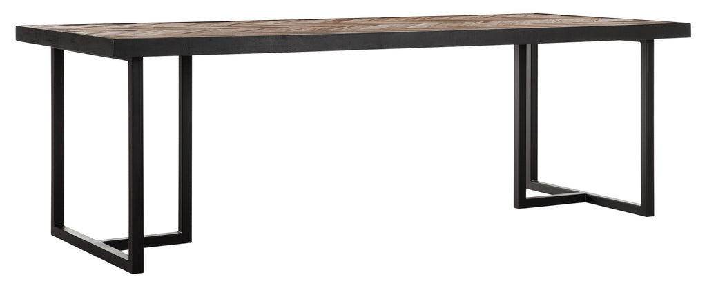 Mesa de comedor rectangular con patas en forma de cruz.