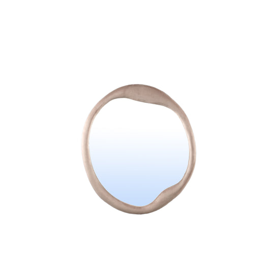Ne soyez que miroir rond organique en velours beige.