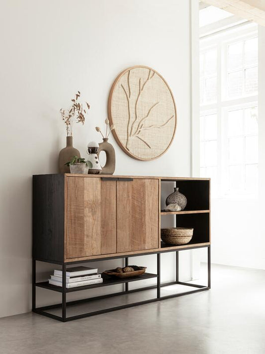 Comoda Dresser Cosmo N.º 1 pequeña, 2 puertas, 2 estantes abiertos
