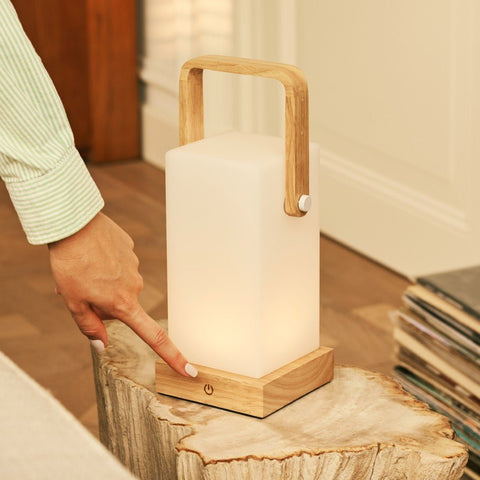Harper lichtbruine houten lamp – draadloze oplaadbare tafellamp met handvat