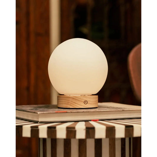 Flore lichtbruine houten lamp met glazen lamp - oplaadbaar en dimbaar draadloos licht