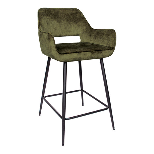 Velvet green bar stool with black metal legs, assembly required.