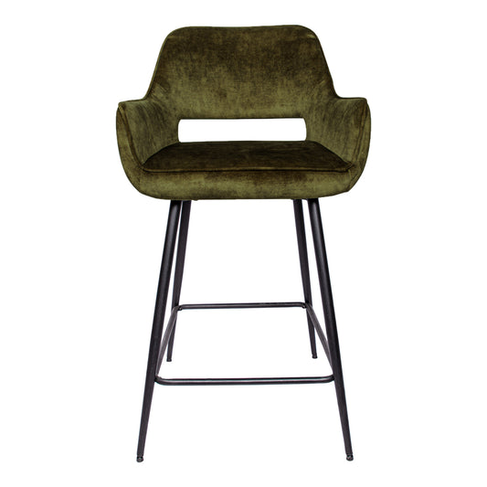 Velvet green bar stool with black metal legs, assembly required.