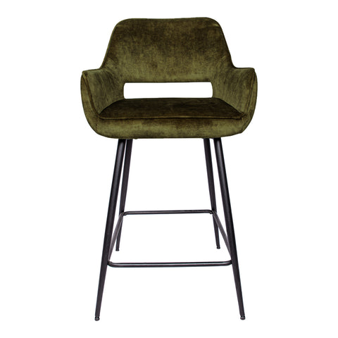 Velvet green bar stool with black metal legs, assembly required.
