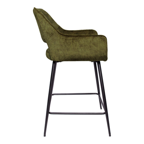 Velvet green bar stool with black metal legs, assembly required.