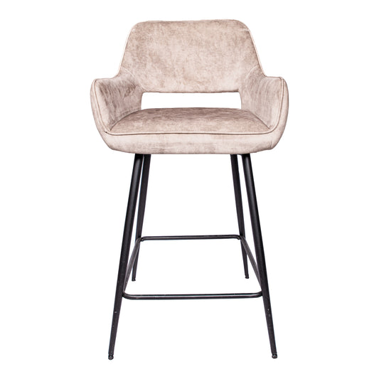 Velvet Khaki bar stool with black metal legs, assembly required.