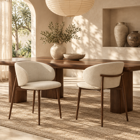 Lichte stoelen in een zonnige Japandi-eethoek met walnoothout en royale accessoires