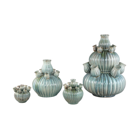 Nolou Turquoise ceramic tulip vase ribbed round L
