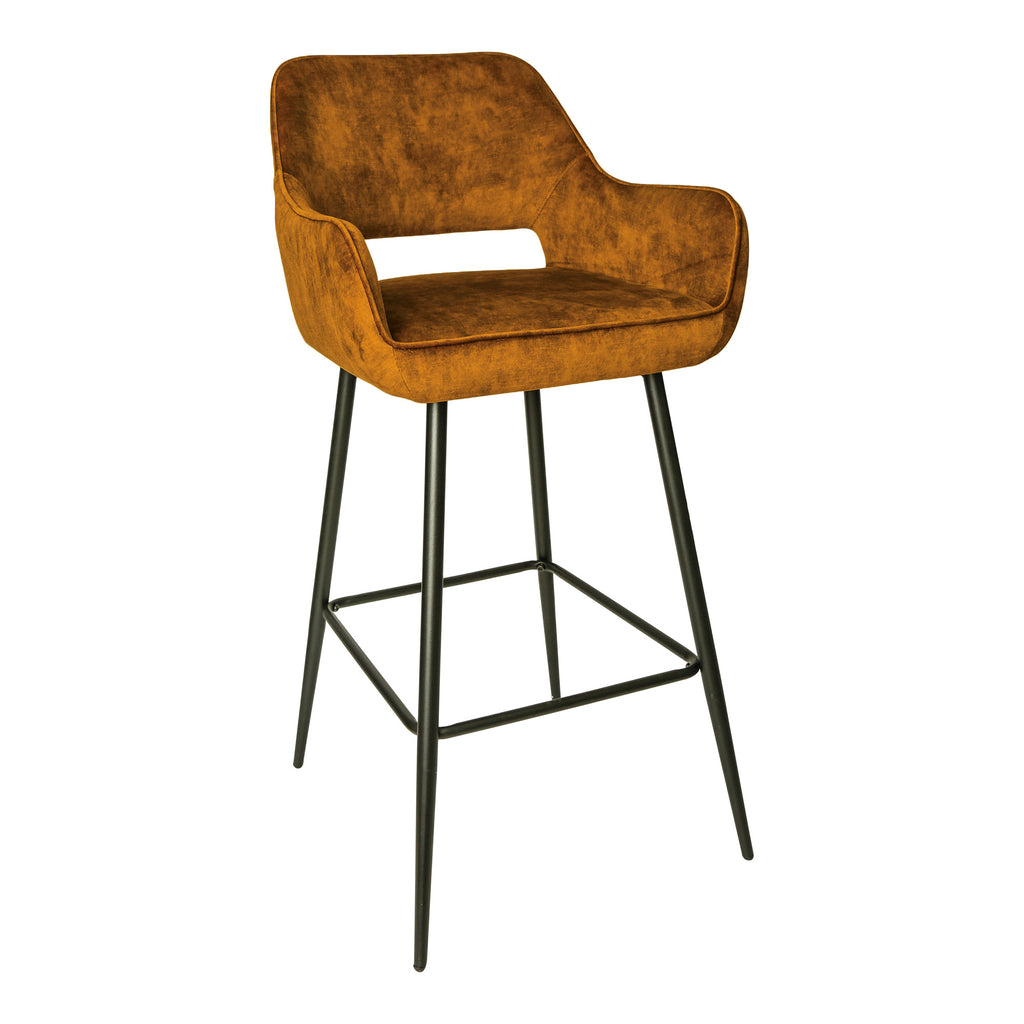 PTMD Fallon Velvet bar stool cognac with black metal.