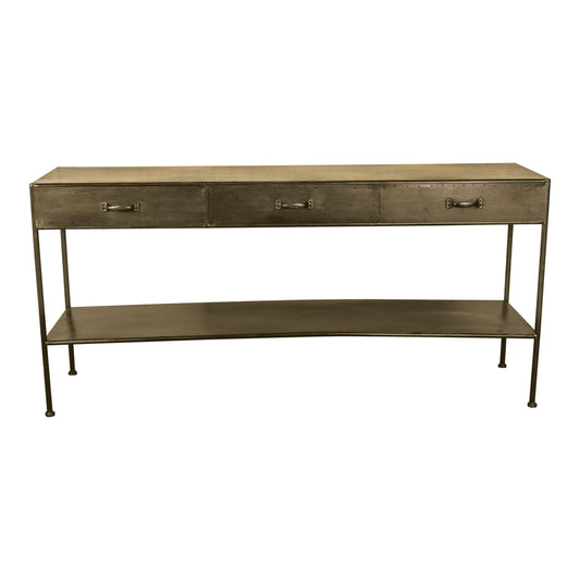 Mesa lateral de metal dorado con 3 cajones abiertos.