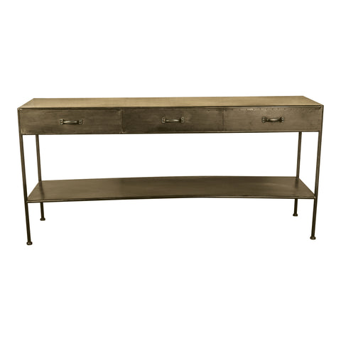 Mesa lateral de metal dorado con 3 cajones abiertos.