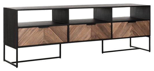 Soporte de TV Criss Cross grande, 3 cajones, 3 estantes abiertos.