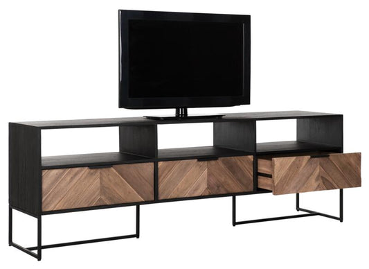 Soporte de TV Criss Cross grande, 3 cajones, 3 estantes abiertos.