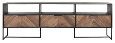Soporte de TV Criss Cross grande, 3 cajones, 3 estantes abiertos.