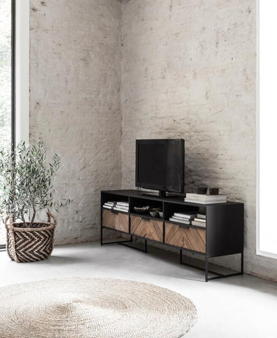 Soporte de TV Criss Cross grande, 3 cajones, 3 estantes abiertos.