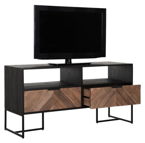 Soporte de TV Criss Cross pequeño, 2 cajones, 2 estantes abiertos
