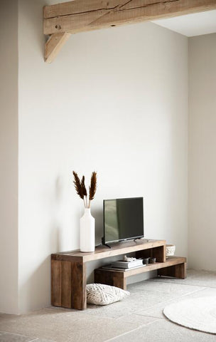 Support de télévision en bois, 2 étagères, extensible à une seule.